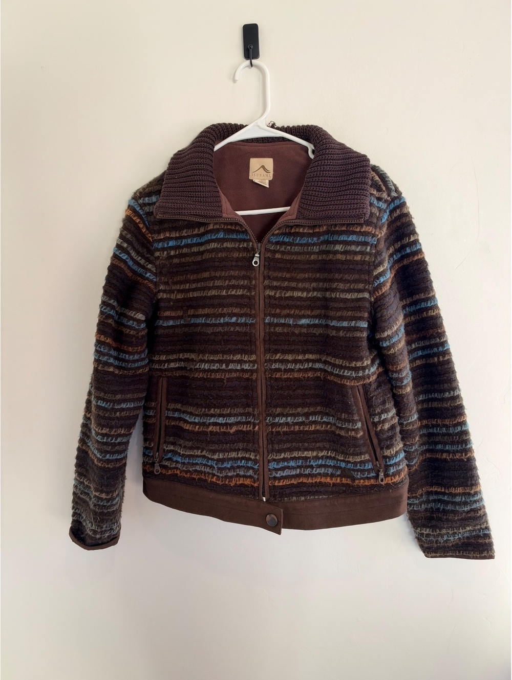 Tsunami Brown Striped Fuzzy Fleece Zip Jacket Women’s Large